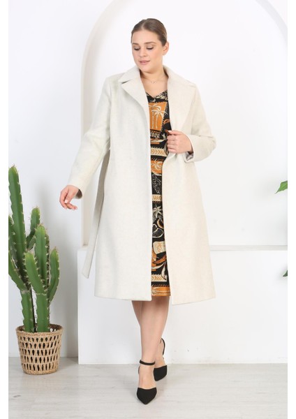 Kadın Ekru Kemer ve Astar Detay Büyük Beden Cepli Yün Kaşe Kaban indirimleri