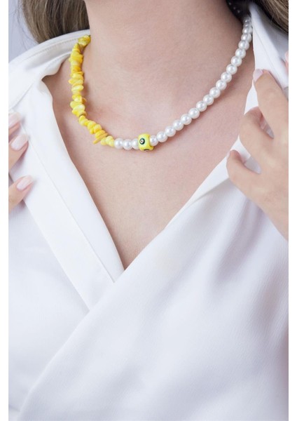 Turuncu Madalyon Uçlu Doğal Taş ve Inci Kolye