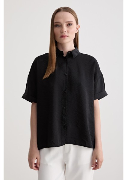 Duble Kollu Oversize Modal Gömlek Siyah