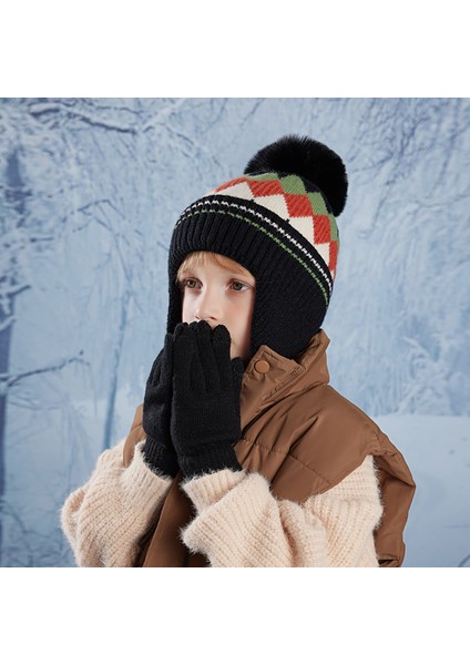 Çocuk Şapkaları, Eldivenler, Yün Topları, Erkek ve Kız Çocukları Için Renkli Eşkenar Dörtgen Örgülü Yün Şapkalar, Ayrıca Kadife, Sıcak Kulak Koruması, Başlıklar (Yurt Dışından)