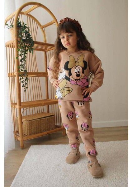Kız Çocuk Mickey Modelli Pamuk Bisiklet Yaka 3 Ip Şardonsuz Takım