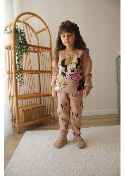 Kız Çocuk Mickey Modelli Pamuk Bisiklet Yaka 3 Ip Şardonsuz Takım modelleri
