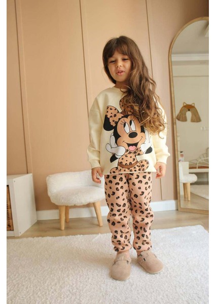 Kız Çocuk Mickey Modelli Pamuk Bisiklet Yaka 3 Ip Şardonsuz Takım