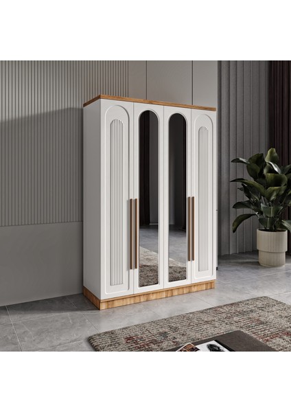 Ücretsiz Montaj -% 100 MDF Flora 4 Kapaklı Aynalı Gardırop - MDF Dolap - Elbise Dolabı