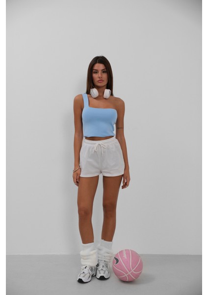 Tek Omuz Crop Mavi Bluz