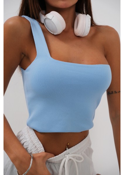 Tek Omuz Crop Mavi Bluz modelleri