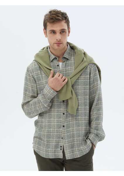 Bej Kareli Regular Fit Dokuma Casual Gömlek