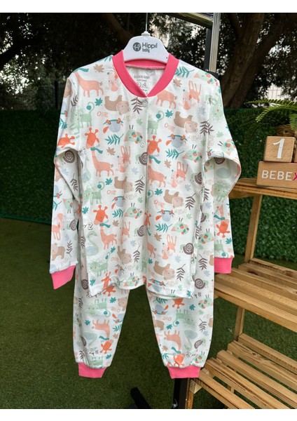 Salyangoz Desenli Pijama Takımı Düğmeli Pembe Yakalı