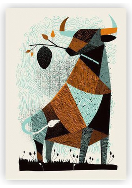 Barışçıl Boğa Zeytin Dalı Taurus Ahşap Poster 20X29 cm