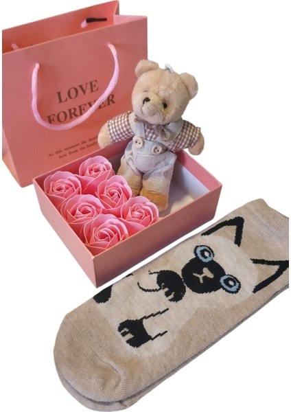 Türkstore Kutuda Teddy Anahtarlık ve Kedili Çorap