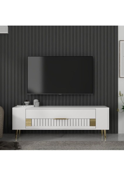 Demonte Home Mobilya RETROLP4DH Tv Sehpası Beyaz Altın