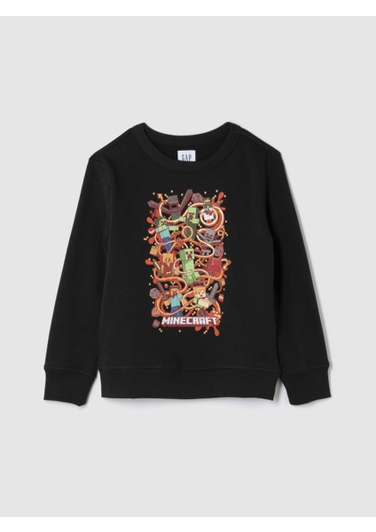Erkek Çocuk Siyah Minecraft Grafikli Fransız Havlu Kumaş Sweatshirt
