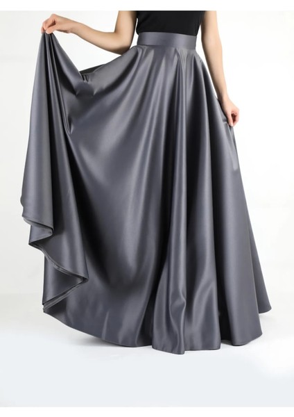 Yüksek Bel Yoğun Kloş Cepli Gri Saten Etek