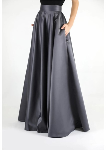 Yüksek Bel Yoğun Kloş Cepli Gri Saten Etek fiyatları