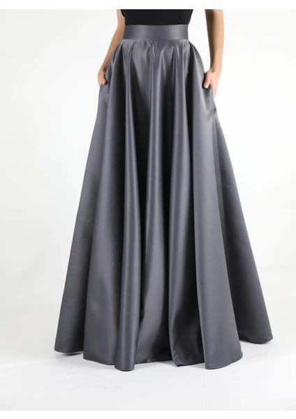 Yüksek Bel Yoğun Kloş Cepli Gri Saten Etek modelleri