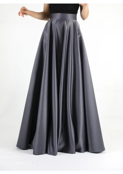 Yüksek Bel Yoğun Kloş Cepli Gri Saten Etek fırsatları
