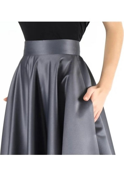 Yüksek Bel Yoğun Kloş Cepli Gri Saten Etek indirimleri