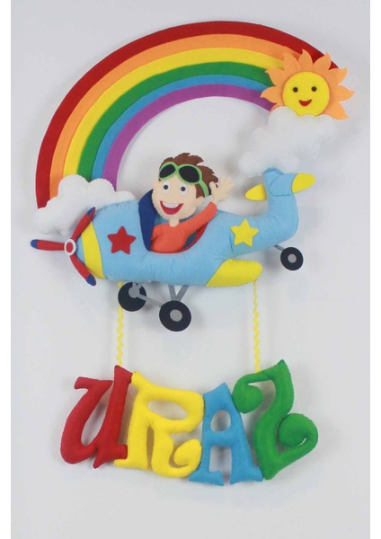 Uraz Isimli Gökkuşağı Uçak Bebek Odası Kapı Süsü