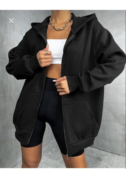 Kadın Siyah Kapüşonlu Fermuarlı Sweatshirt Oversize % 100 Pamuktur. Tiftiklenme Yapmaz.