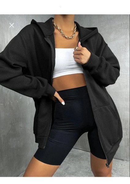 Kadın Siyah Kapüşonlu Fermuarlı Sweatshirt Oversize % 100 Pamuktur. Tiftiklenme Yapmaz.