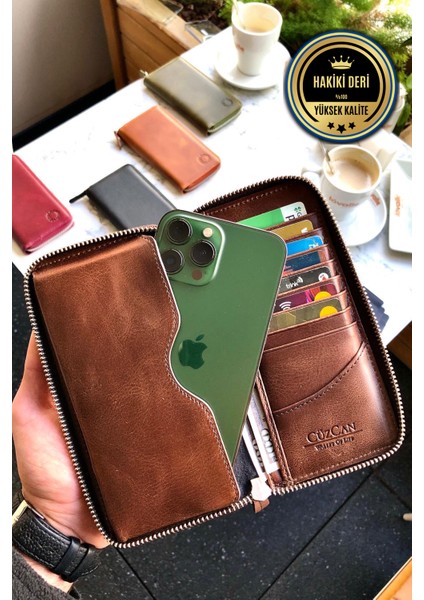 Leon Antik Kahve Unisex Hakiki Deri Telefon Bölmeli Cüzdan