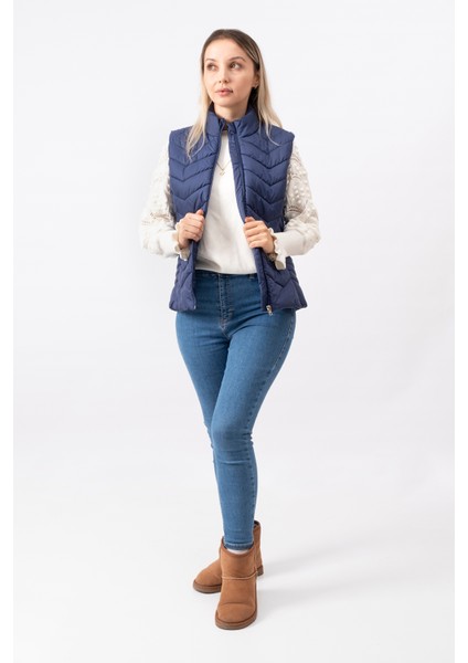 V Desenli Slim Fit Dik Yaka Modern Kadın Yelek