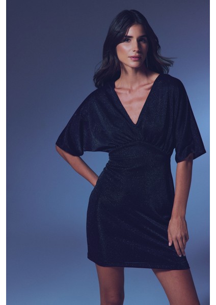 Simli Mini Elbise - Siyah