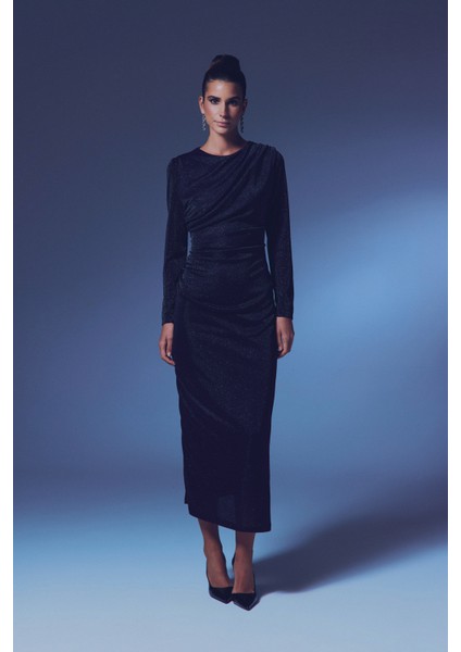 Simli Midi Elbise - Siyah