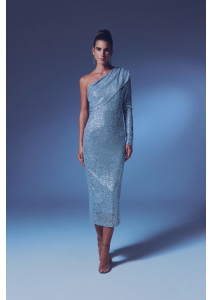 Tek Kollu Payet Elbise - Gümüş