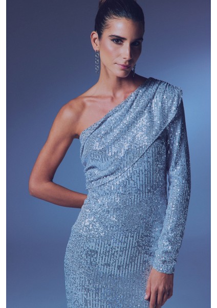 Tek Kollu Payet Elbise - Gümüş indirimleri