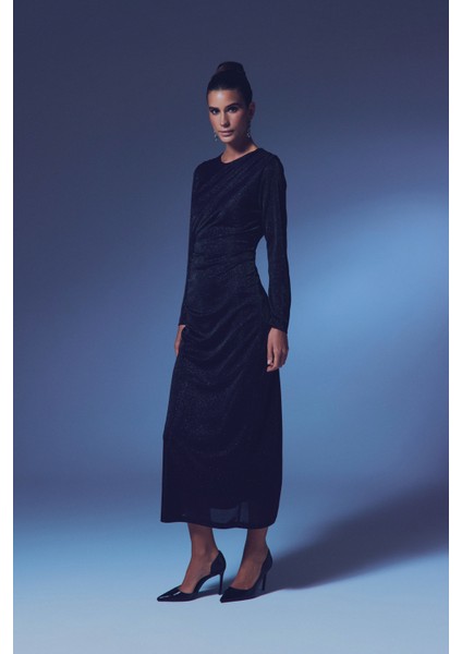 Simli Midi Elbise - Siyah modelleri