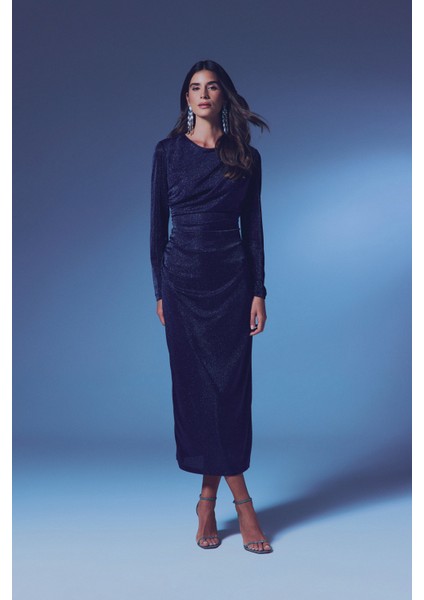 Simli Midi Elbise - Lacivert