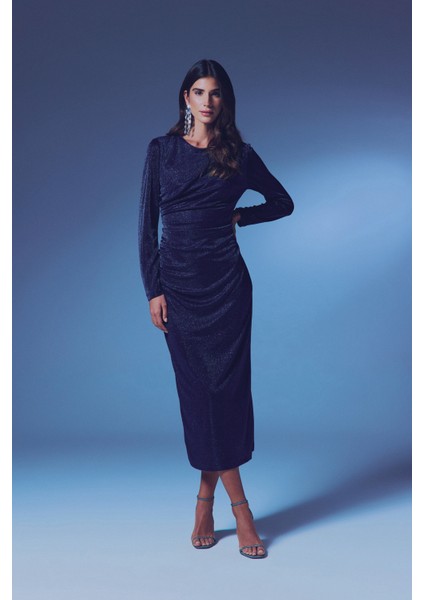 Simli Midi Elbise - Lacivert modelleri