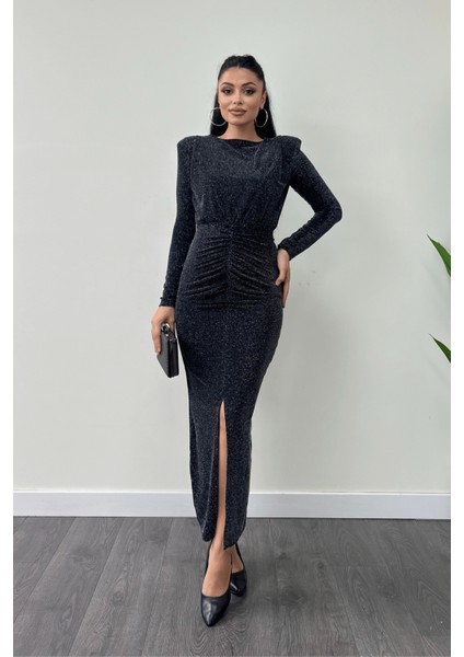 Jarse Payetli Kumaş Büzgü Detaylı Kalem Elbise - Siyah