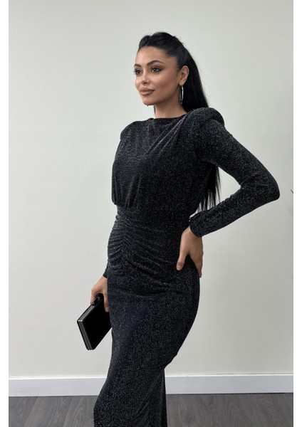 Jarse Payetli Kumaş Büzgü Detaylı Kalem Elbise - Siyah modelleri