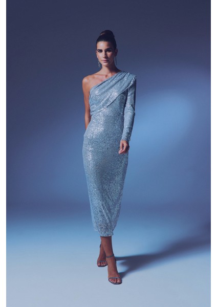 Tek Kollu Payet Elbise - Gümüş modelleri