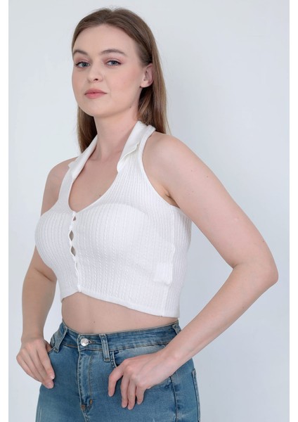Yakalı Düğmeli Triko Crop fiyatları