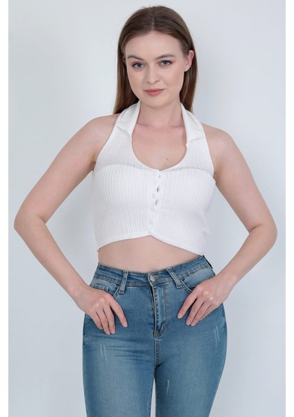 Yakalı Düğmeli Triko Crop modelleri