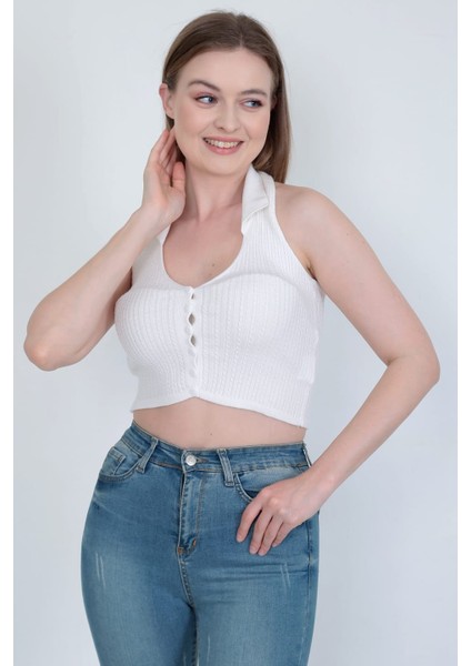 Yakalı Düğmeli Triko Crop fırsatları