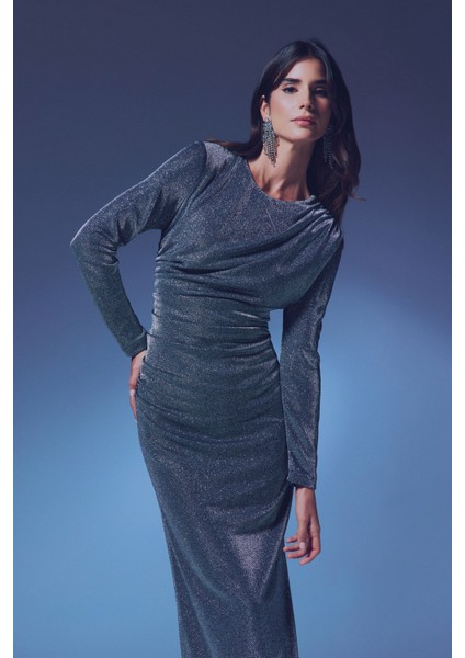 Simli Midi Elbise - Antrasit