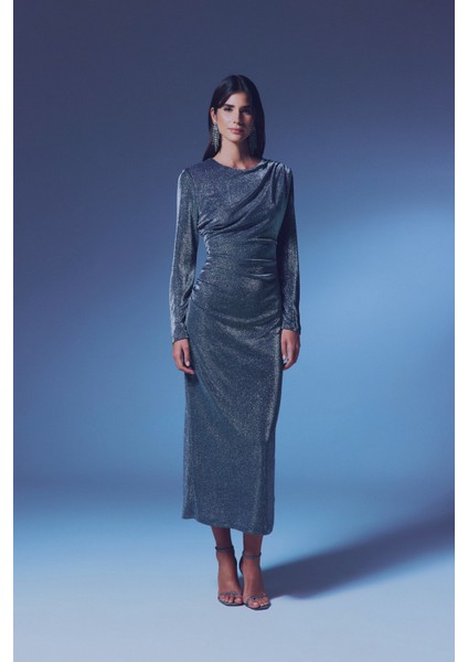 Simli Midi Elbise - Antrasit modelleri