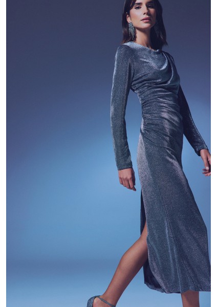 Simli Midi Elbise - Antrasit fırsatları