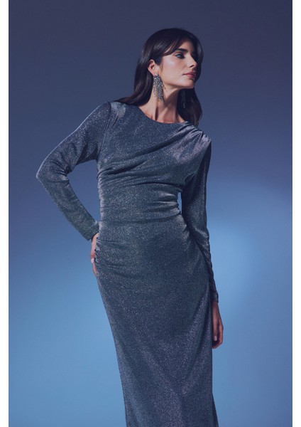 Simli Midi Elbise - Antrasit indirimleri