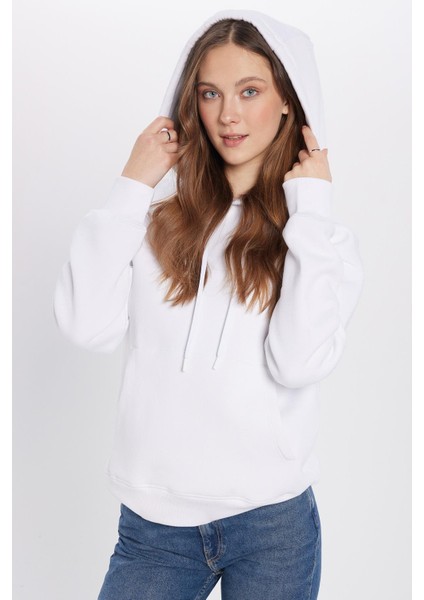 Unisex Oversize Geniş Kesim Pamuklu Yumuşak Dokulu İçi Polarlı Basic Beyaz Kapüşonlu Sweatshirt