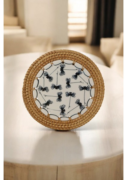 Rattan Çerçeveli Siyah Zarif Desenli Dekoratif Altlık Şık ve Kullanışlı Tasarım (16 cm ) Oceanpoint