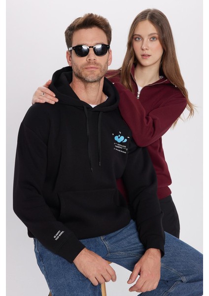 Unisex Relax Fit Rahat Kesim Pamuklu İçi Polarlı Yarım Fermuarlı Bordo Dik Yaka Sweatshirt