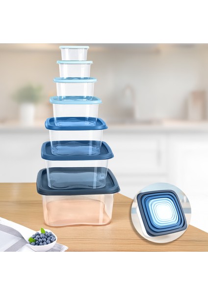 7'li Kare Erzak Gıda Saklama Kabı Seti - Mikrodalga ve Derin Dondurucuya Uygun Saklama Kabı Mavi