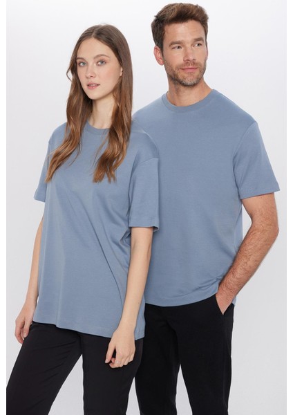 Unisex Relax Fit Rahat Kesim %100 Pamuk Yumuşak Dokulu Basic Bisiklet Yaka Mavi T-Shirt