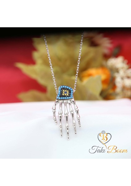 Renkli Taşlı Nazar Boncuklu El Iskeleti Gümüş Kolye fırsatları