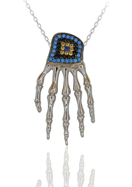 Renkli Taşlı Nazar Boncuklu El Iskeleti Gümüş Kolye